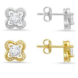 925 Silver/Gold Flower Diamond CZ Stud Earrings